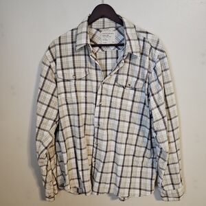 Wrangler Plaid Button-Up Shirt White Brown Tan Casual Neutral Classic